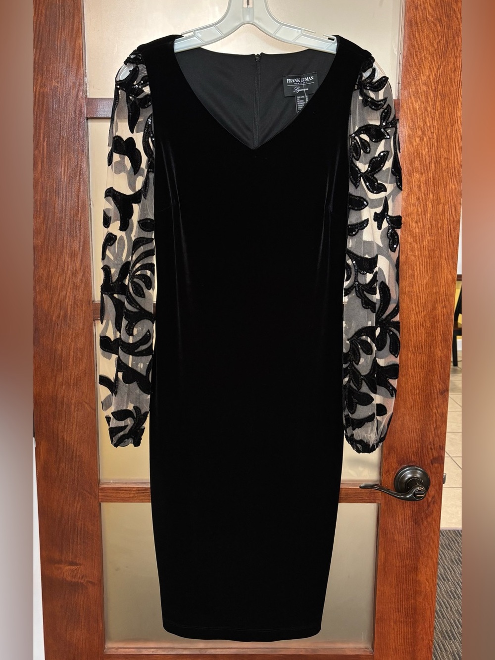 Frank Lyman Design Black Velvet Dress with Sheer Embroidered Sleeves